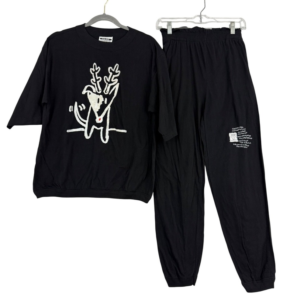 Fido Dido Pajama Set Unisex Medium Black Reindeer‎ Graphic Vintage 80s Snoozwear